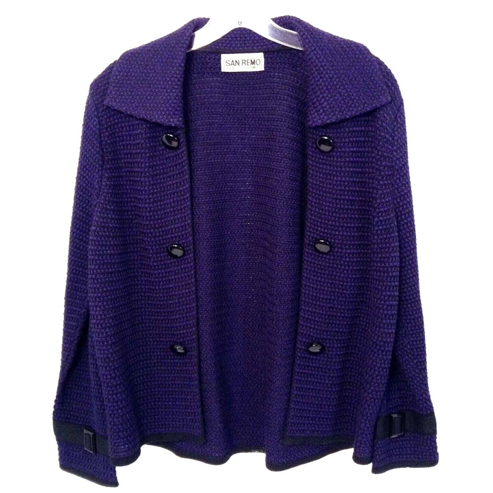 Vtg San Remo Cardigan Sweater Wn M Dark Purple Open Knit Preppy Old Money USA